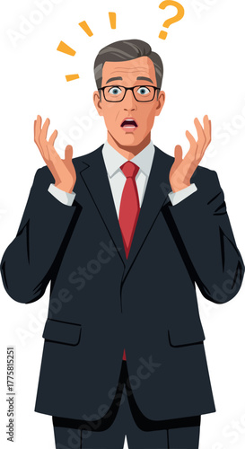 Confused Businessman With Question Mark And Exclamation Points