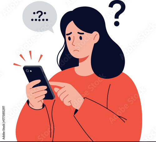 Confused Woman Looking at Phone with Question Mark Bubble Flat Illustration