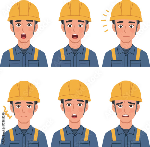 Construction Worker Faces Yellow Hard Hat Blue Overalls Different Emotions