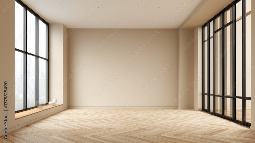 Obraz premium Bright Empty Room with Large Windows and Herringbone Floor for Interior Design Mockup