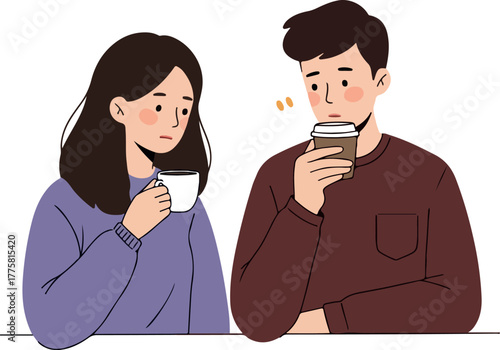 Couple Drinking Coffee With Sad Expression Flat Design Vector