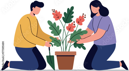 Couple Planting Flowers Flat Illustration Isolated on White