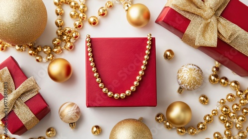 Elegant Gold Beaded Necklace with Red Gift Boxes and Christmas Ornaments