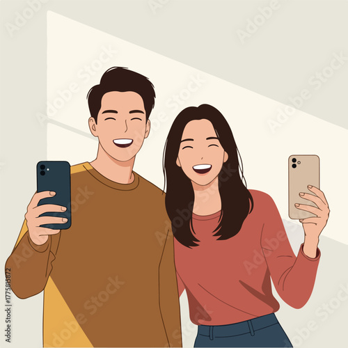 Couple Taking Selfies With Phones Flat Design Style