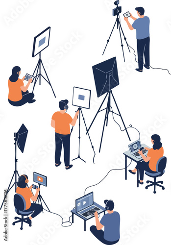 Creative Production Studio With Diverse People Filming Using Cameras And Laptops