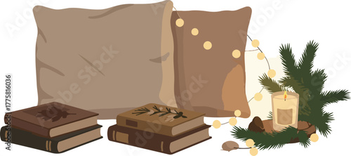 Cozy Winter Scene With Books Pine Branches Candle And String Lights