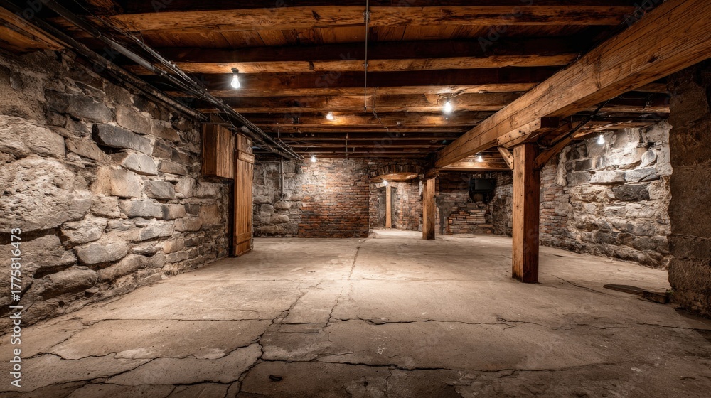 Fototapeta premium Spacious Rustic Basement with Stone Walls, Wooden Beams, and Concrete Floor for Renovation or Creative Projects