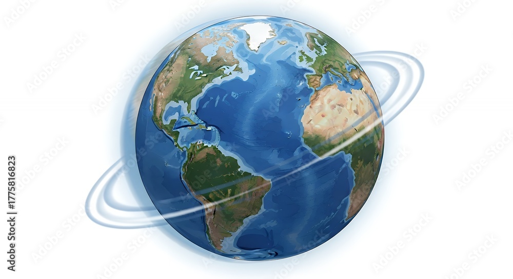 Fototapeta premium Earth Globe Showing Continents and Orbiting Rings in Bright Colors for Education and Environment Content