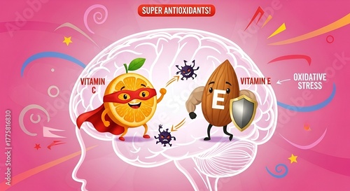 Super Antioxidants Vitamin C and E Fighting Oxidative Stress in Brain - Educational Health Illustration with Cute Superhero Orange and Almond Characters Protecting Against Free Radicals
