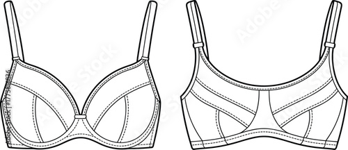 Bra technical sketch front view, underwire bra, seamless bra, adjustable straps, fashion flat, garment design, vector template, cad drawing flat vector illustration