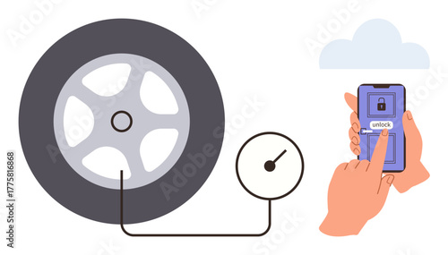 Hand tapping smartphone app to unlock tire pressure sensor, connected to vehicle wheel. Ideal for technology, automation, car maintenance, smart devices, innovation, safety, simple flat metaphor