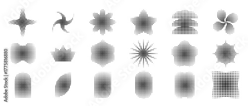 Set of trendy black shapes with pixel, halftone or grainy texture isolated on white background. Dotted star and flower, arch and petal, crown and sun modern y2k forms. Vector graphic illustration.