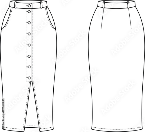 Button-front skirt, high waist, belt loops, front slit, side pockets, seam detail, fashion flat, CAD drawing, vector illustration, garment sketch