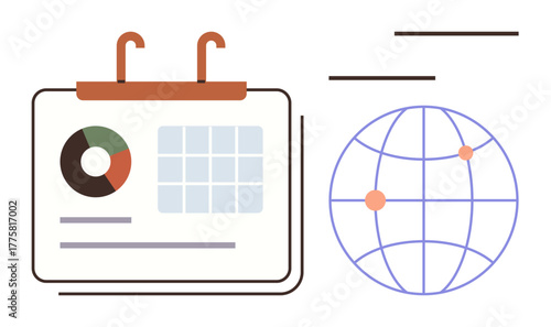 Calendar with pie chart and bar graphics alongside a globe with connecting points. Ideal for scheduling, data analysis, global strategy, planning, collaboration, productivity, teamwork. Simple flat