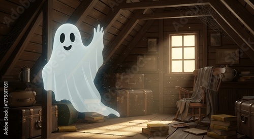 Cute Transparent Ghost Floating in Cozy Attic Room with Wooden Walls and Sunlight