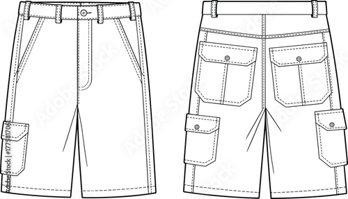 Cargo shorts design illustration, front and back views, flap pocket details, stitching layout, garment construction mockup, cad drawing flat vector illustration