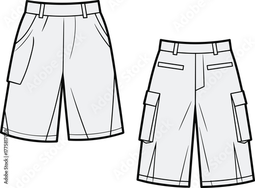 Cargo shorts technical sketch front and back, flap pockets, belt loops, side pockets, fashion flat, garment design, vector template, cad drawing flat vector illustration