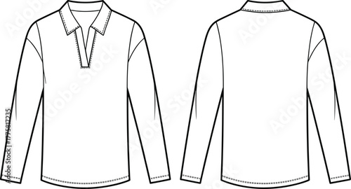 Collared shirt fashion sketch, long sleeve top design, short placket garment template, technical clothing drawing, apparel vector outline, cad drawing flat vector illustration