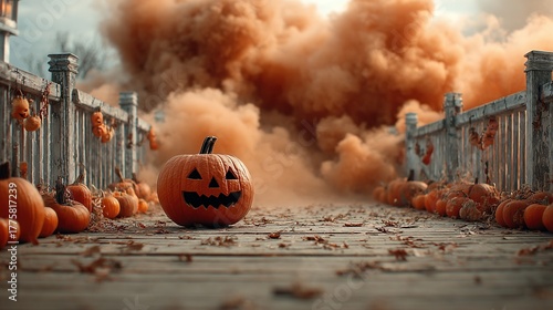 Halloween pumpkin on a wooden path with orange smoke and other pumpkins.