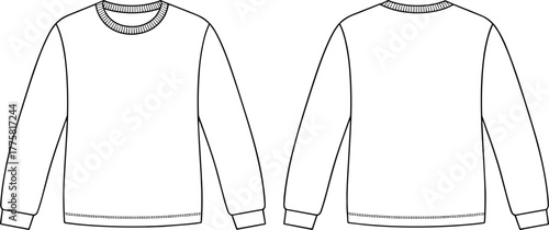 Crewneck sweatshirt fashion sketch, long sleeve pullover, technical garment drawing, ribbed hem template, apparel vector outline, cad drawing flat vector illustration