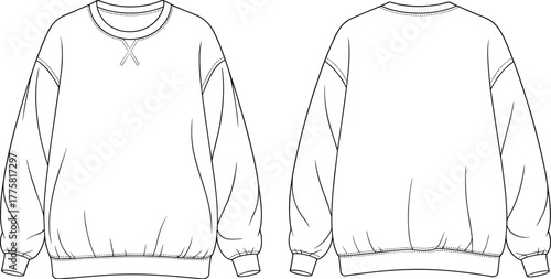 Crewneck sweatshirt front and back view, long sleeve design, ribbed cuffs and hem, stitched neckline detail, fashion flat sketch, cad vector illustration