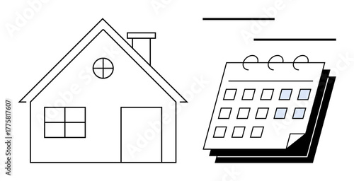 House outline paired with a calendar icon, signifying time management, planning, real estate, home ownership, scheduling, renting, or event organization. Ideal for simplicity and flat metaphor
