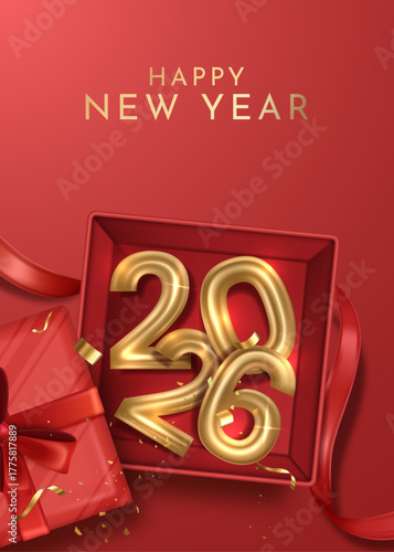 Elegant red and gold New Year composition with golden 2026 number gift box and ribbon, luxury festive background for greeting card or holiday celebration design.