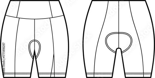 Cycling shorts technical sketch, front and back view, ergonomic padding design, garment construction, sportswear template, apparel blueprint, cad drawing flat vector illustration