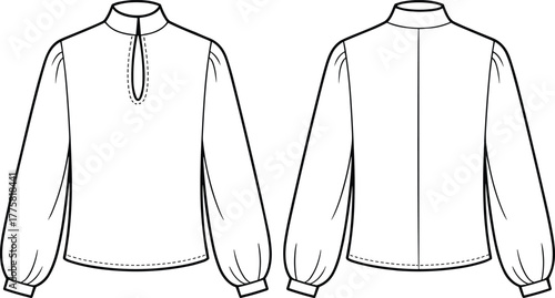 High neck blouse fashion sketch, keyhole neckline design, puff sleeve garment template, technical clothing drawing, apparel vector outline, cad drawing flat vector illustration