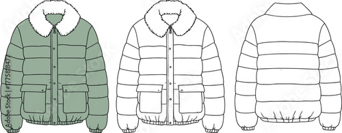 Green winter jacket technical sketch with fur collar, front and back view, fashion flat drawing, garment design template, cad drawing flat vector illustration
