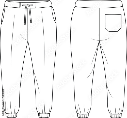 Jogger pants technical sketch front and back, drawstring waistband, patch pocket, elastic cuffs, fashion flat, garment design, vector template, cad drawing flat vector illustration
