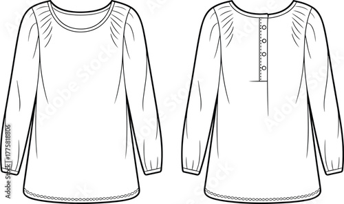 Long sleeve blouse front and back view, round neckline, gathered shoulder detail, back button placket, fashion flat sketch, cad drawing vector illustration