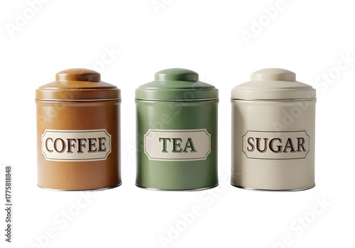 Coffee tea sugar metal storage containers isolated on transparent background — perfect for kitchen design mockups, cafe branding, and pantry illustrations.