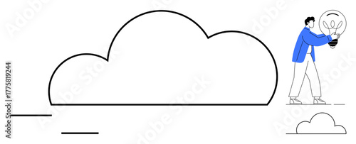 Man in blue placing a large lightbulb inside a cloud, symbolizing cloud computing, innovation, and creativity. Ideal for technology, teamwork, solutions, brainstorming, data storage progress