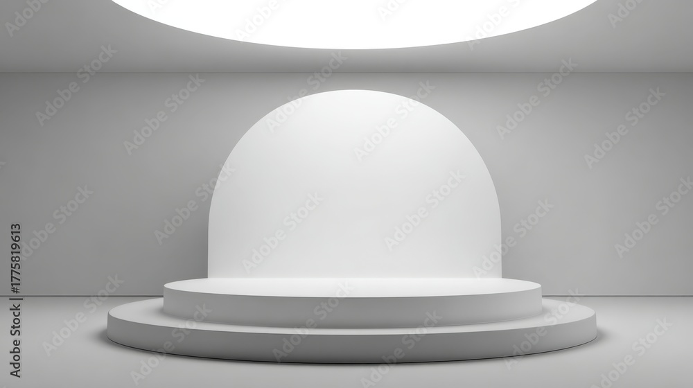 Fototapeta premium Minimalist Display Podium with Round Stage, Ideal for Product Presentation and Mockups in Clean White Studio