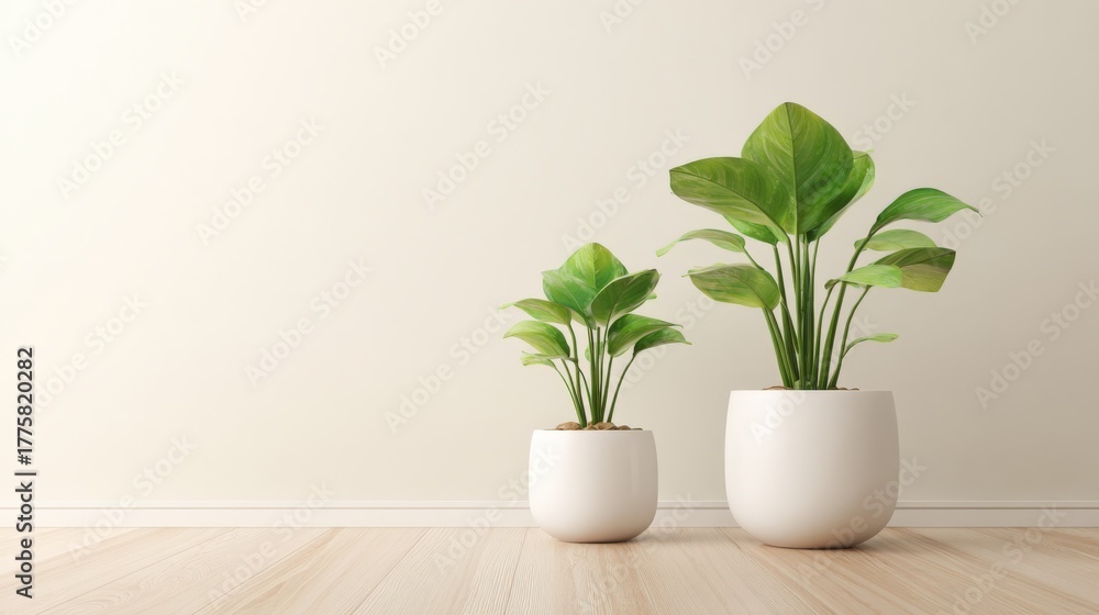 Obraz premium Minimalist Interior Design: Two Lush Green Potted Plants Against a Neutral Wall and Wood Floor Background