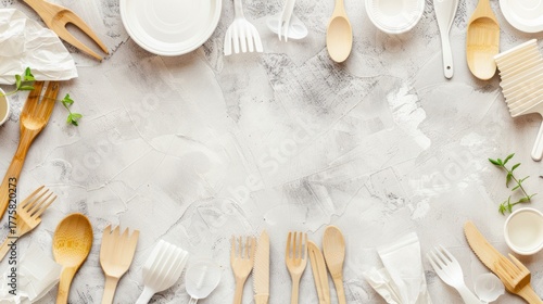 Empty Table Setting with Wooden and White Utensils and Dishes on Light Gray Surface