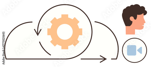 Cloud with a gear, arrows for synchronization, human head profile, and video icon. Ideal for cloud computing, user interaction, video calls, data syncing, digital tools workflow and technology