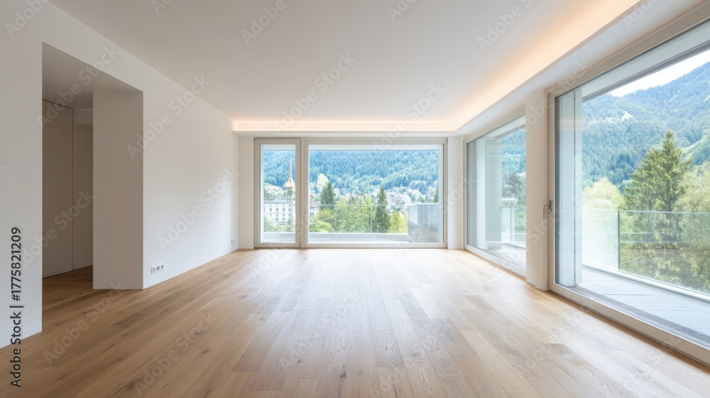 Fototapeta premium Bright Modern Empty Room Interior with Large Windows and Wooden Floors, Overlooking Mountain Scenery