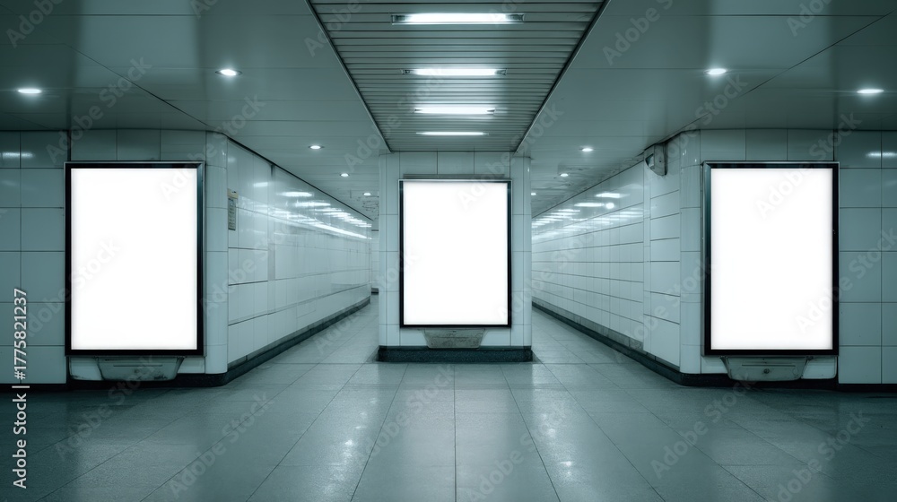 Fototapeta premium Subway Tunnel Advertising Space: Three Blank White Billboards for Mockup, Advertisement, and Informational Signage Display