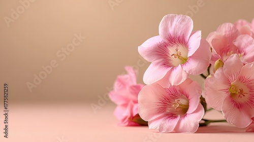 Delicate Pink Flowers Blossom in Soft Light, Ideal for Spring Themes and Backgrounds