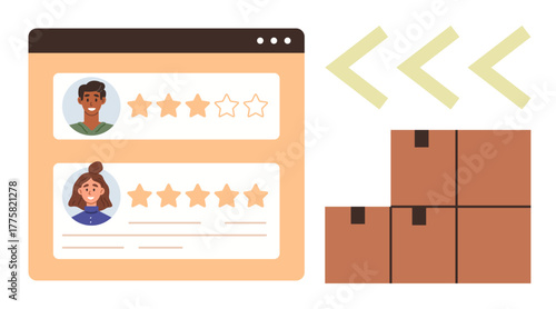 Two customer profiles with starred ratings next to stacked delivery boxes and arrows. Ideal for feedback, reviews, customer experience, logistics, e-commerce, service quality, supply chain. Simple