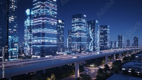 Wallpaper Mural A futuristic cityscape at night, featuring neon-lit skyscrapers and a raised highway Torontodigital.ca