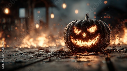 Carved pumpkin with a sinister face sits on wooden planks surrounded by fire.
