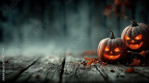 Two jack-o'-lanterns on a wooden surface with a dark foggy background.