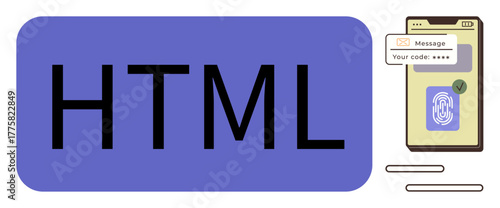 HTML text block alongside a smartphone with fingerprint authentication and security code notification. Ideal for web design, security, technology, internet access, coding, software development, user
