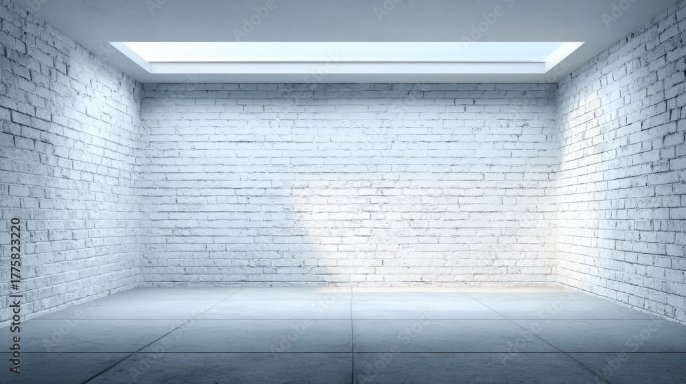 Fototapeta premium Empty Room with White Brick Walls and Skylight, Ideal for Product Mockups and Interior Design Projects