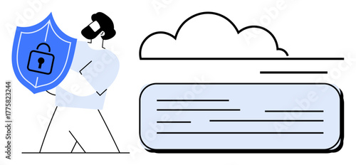 Man holding locked shield symbolizing data protection near cloud representing secure storage system. Ideal for privacy, security, cloud computing, encryption, data safety, digital protection, simple