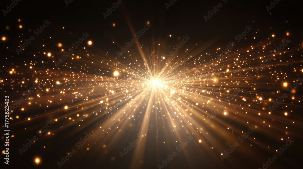 Obraz premium Golden Glitter Explosion with Rays of Light on Dark Background for Festive Celebrations