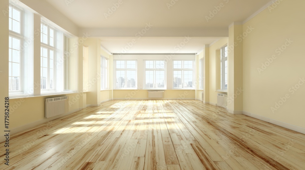 Fototapeta premium Bright and Spacious Empty Room with Hardwood Floors and Natural Light Streaming Through Windows